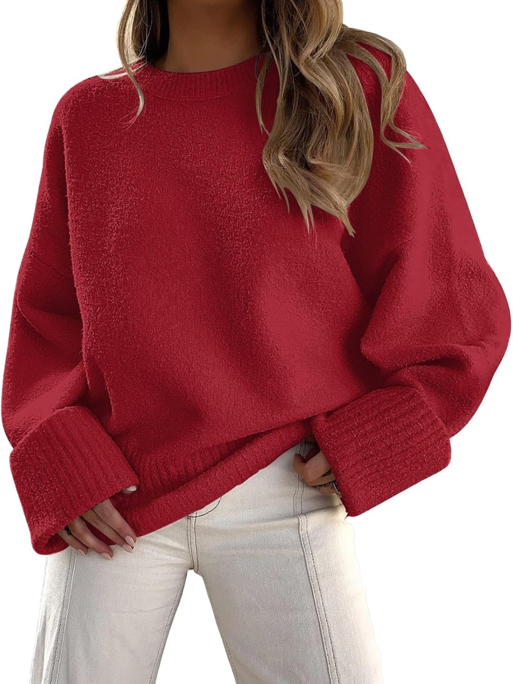 Amazon Oversized Bright Red Cuffed Crewneck Sweater for Women